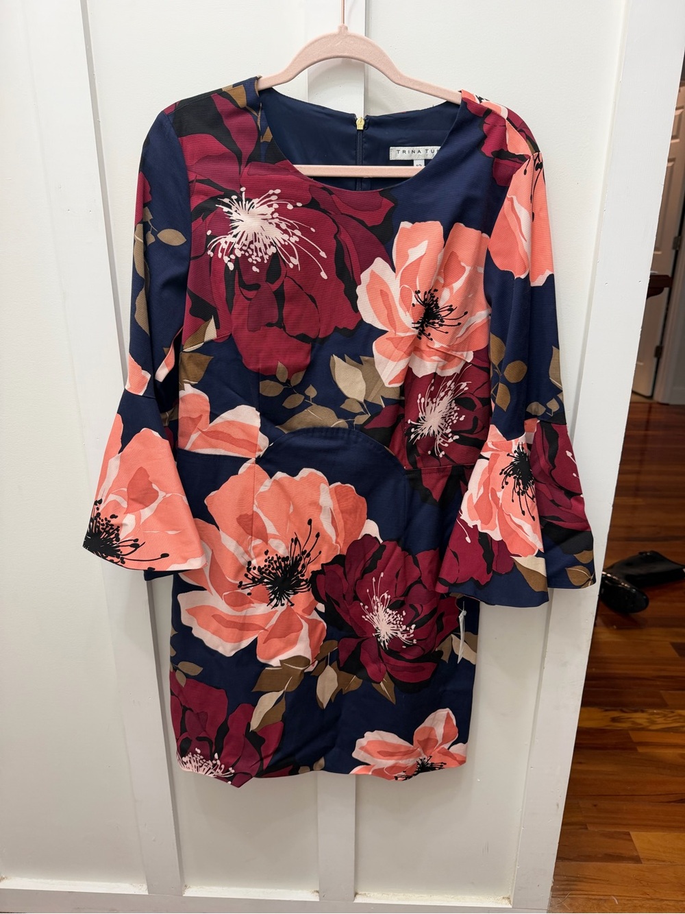 Trina Turk Navy Shift Dress with Coral and Burgundy Floral Print